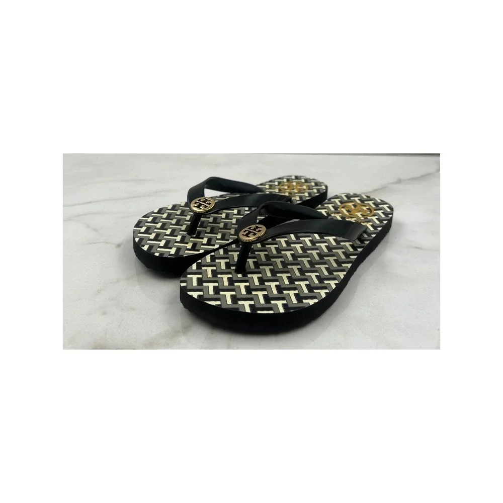 Tory Burch Flip Flop Sandals 5M Black Geometric Monogram Gold Logo Medallion